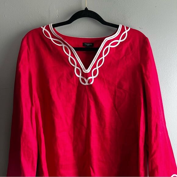 Talbots Red Linen Blouse Top Cream Embroidered Coastal Summer - Small - Picture 2 of 8